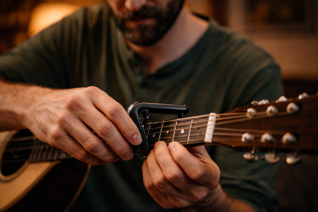 Close-up of capo being placed on an Irish bouzouki fretboard during accompaniment setup